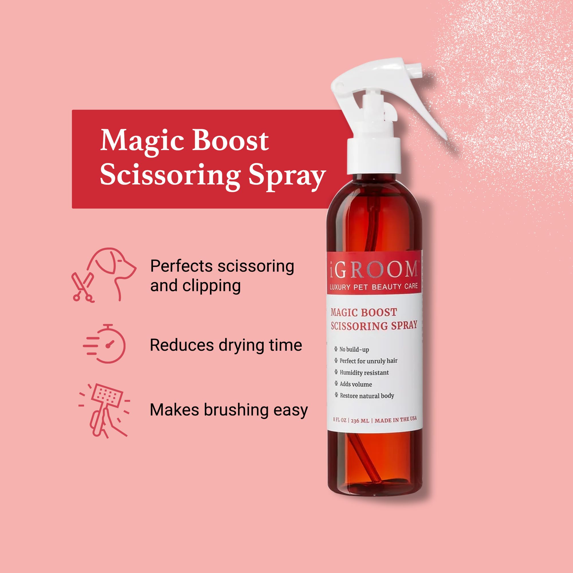 iGroom Magic Boost spray application in action for smooth scissoring.