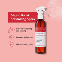 iGroom Magic Boost spray application in action for smooth scissoring.