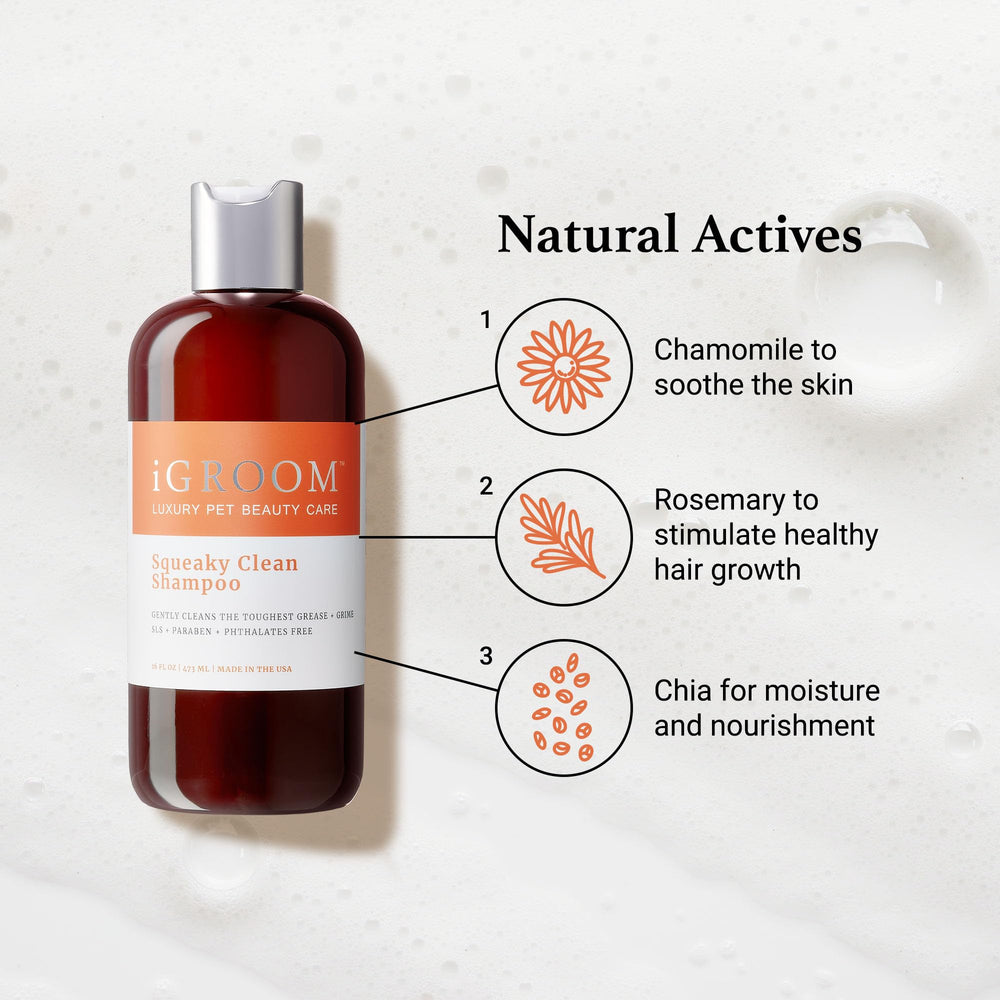 Natural ingredients and a pH balanced formula from iGroom Squeaky Clean.