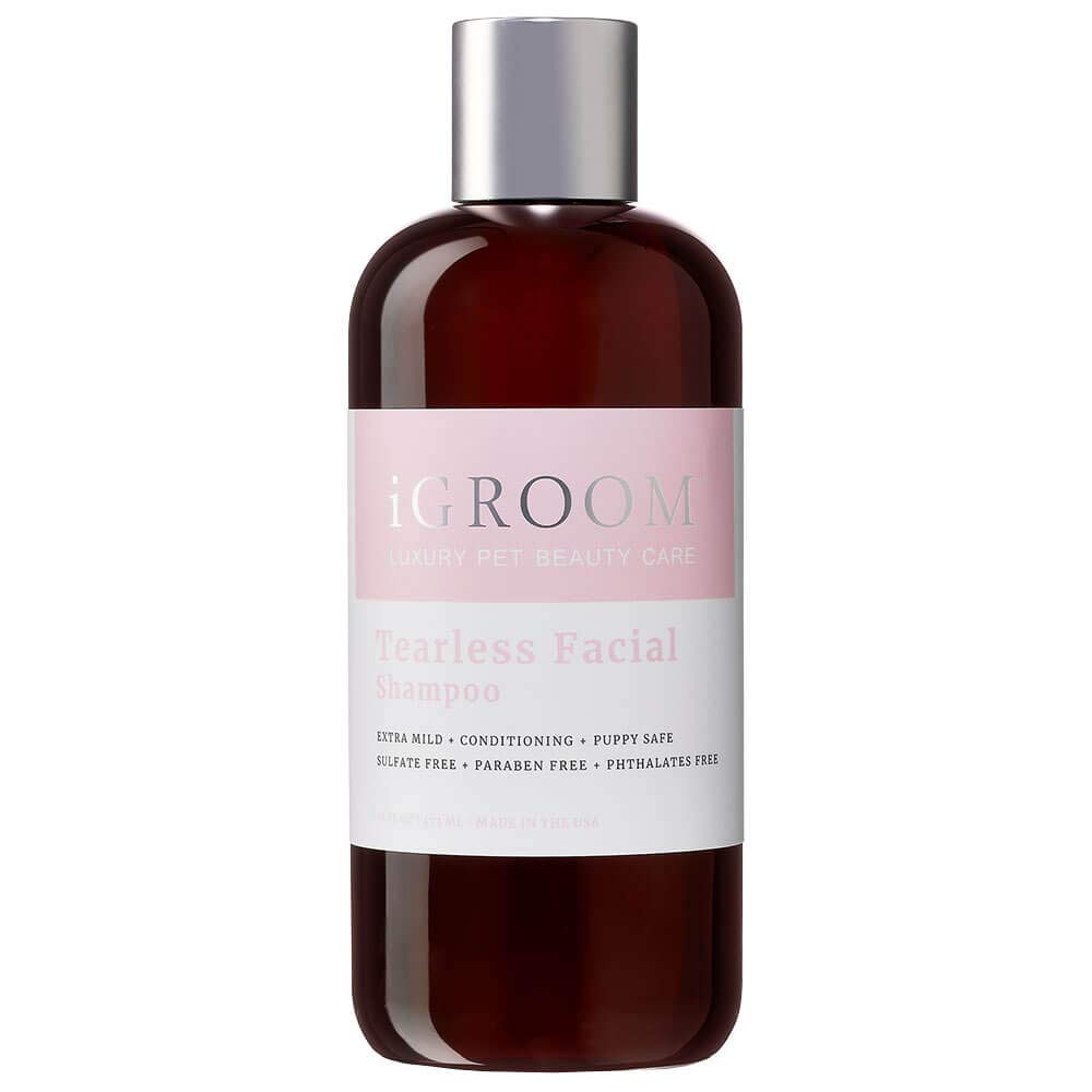 iGroom Tearless Facial Dog Shampoo bottle demonstrates gentle, eye-safe cleansing.