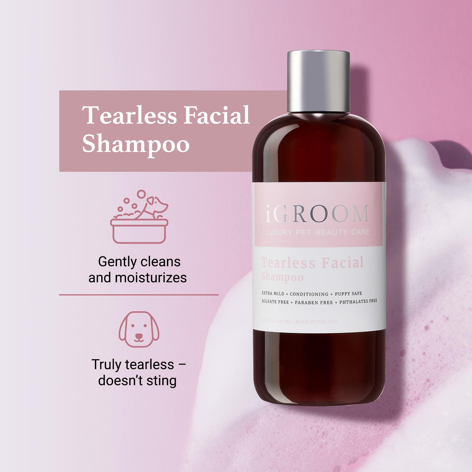 iGroom Tearless Facial Dog Shampoo label highlights pH-balanced, skin-friendly care
