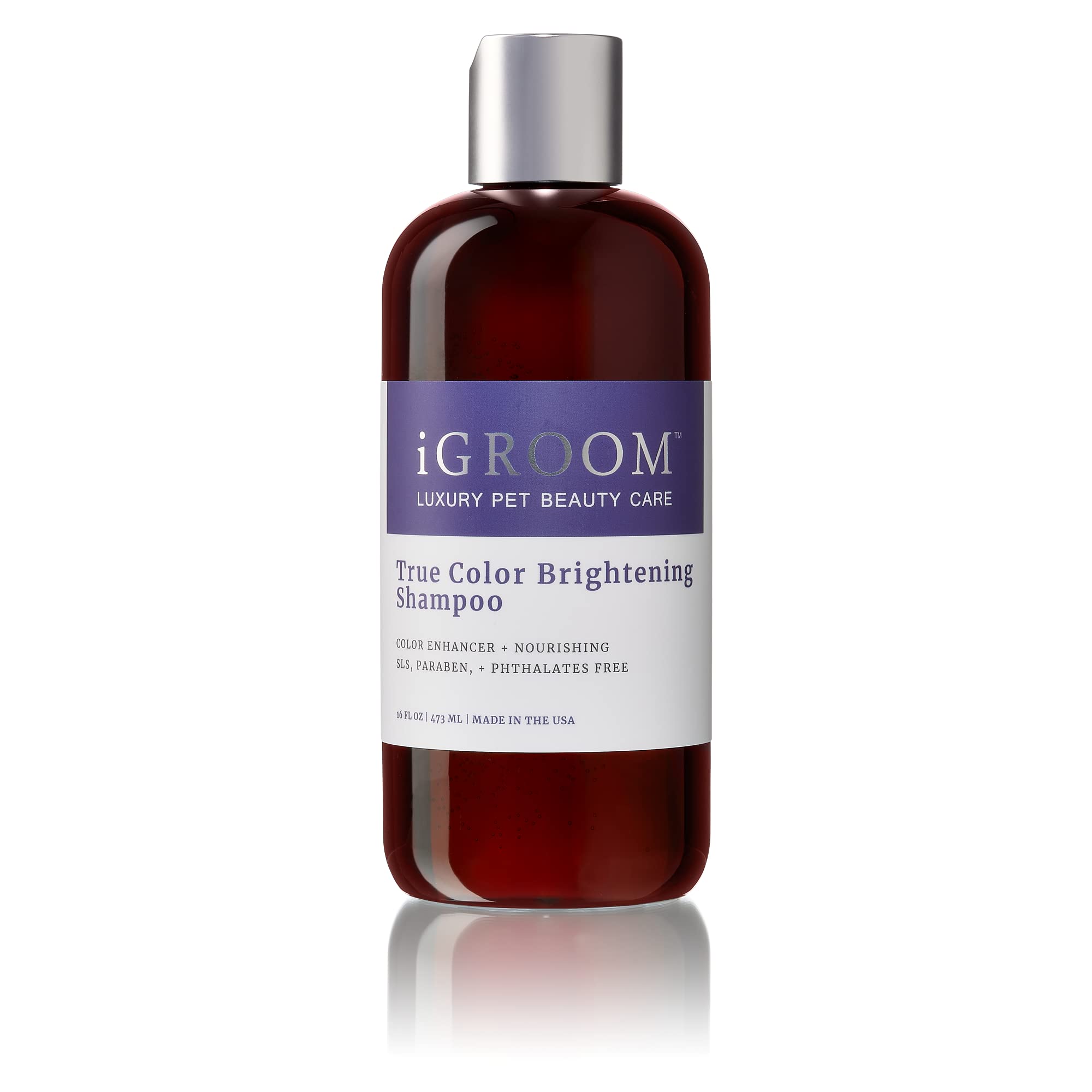 iGroom True Color shampoo bottle demonstrates color brightening for light and dark coats.