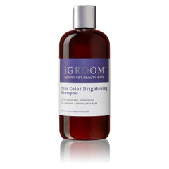 iGroom True Color shampoo bottle demonstrates color brightening for light and dark coats.