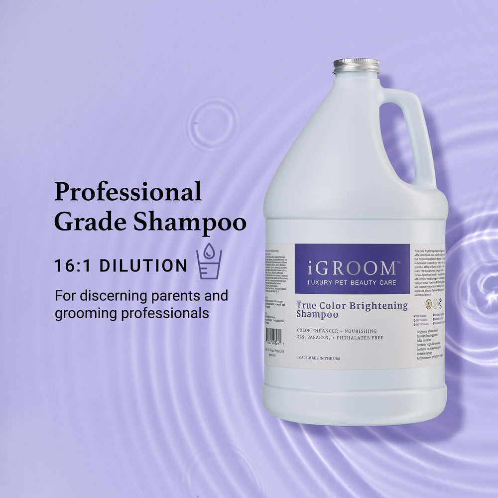iGroom True Color shampoo for dark coats adds depth and a glossy finish.