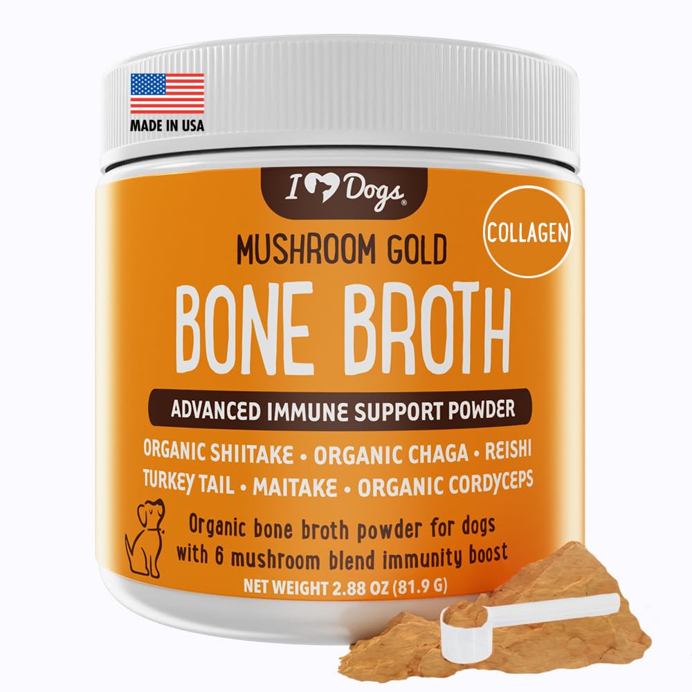 iHeartDogs bone broth collagen powder container on counter for immune and joint support.