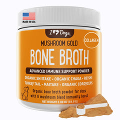 iHeartDogs bone broth collagen powder container on counter for immune and joint support.