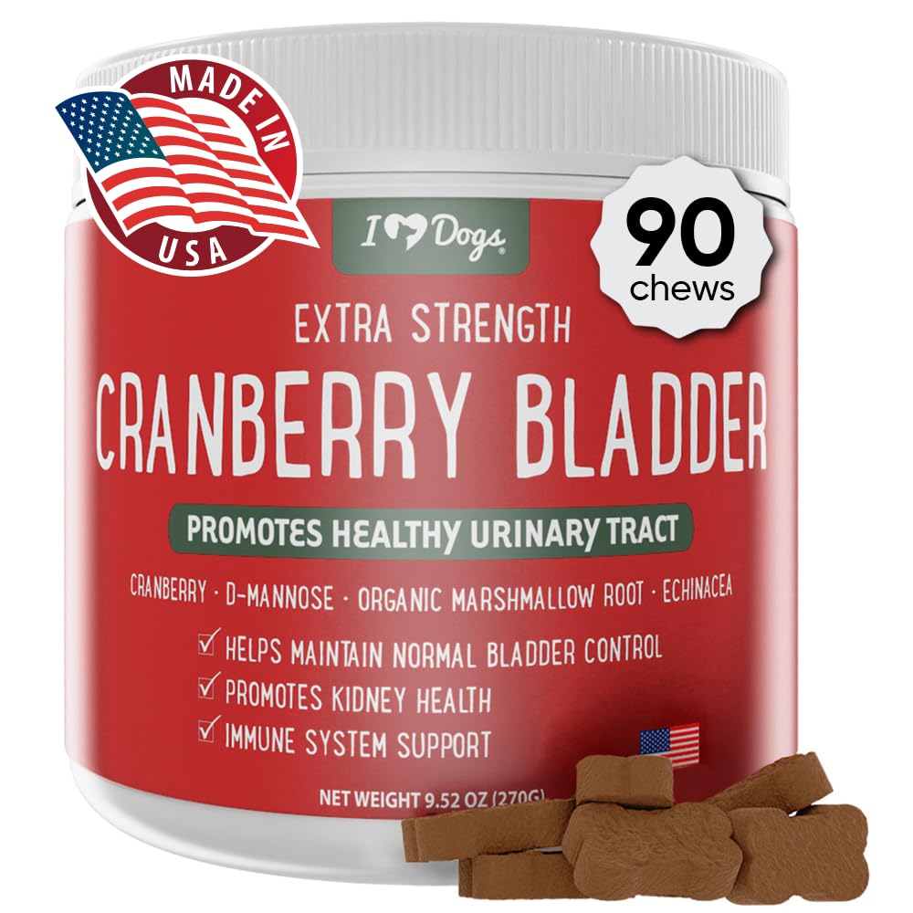 iHeartDogs extra-strength urinary bottle demonstrates dosage for bladder support.