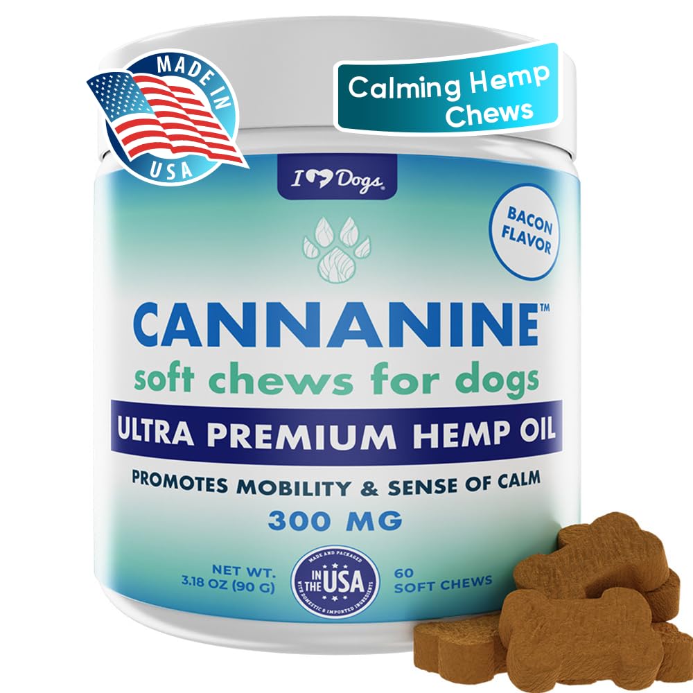 iHeartDogs hemp calming chews packaging signals calming support for anxious dogs.