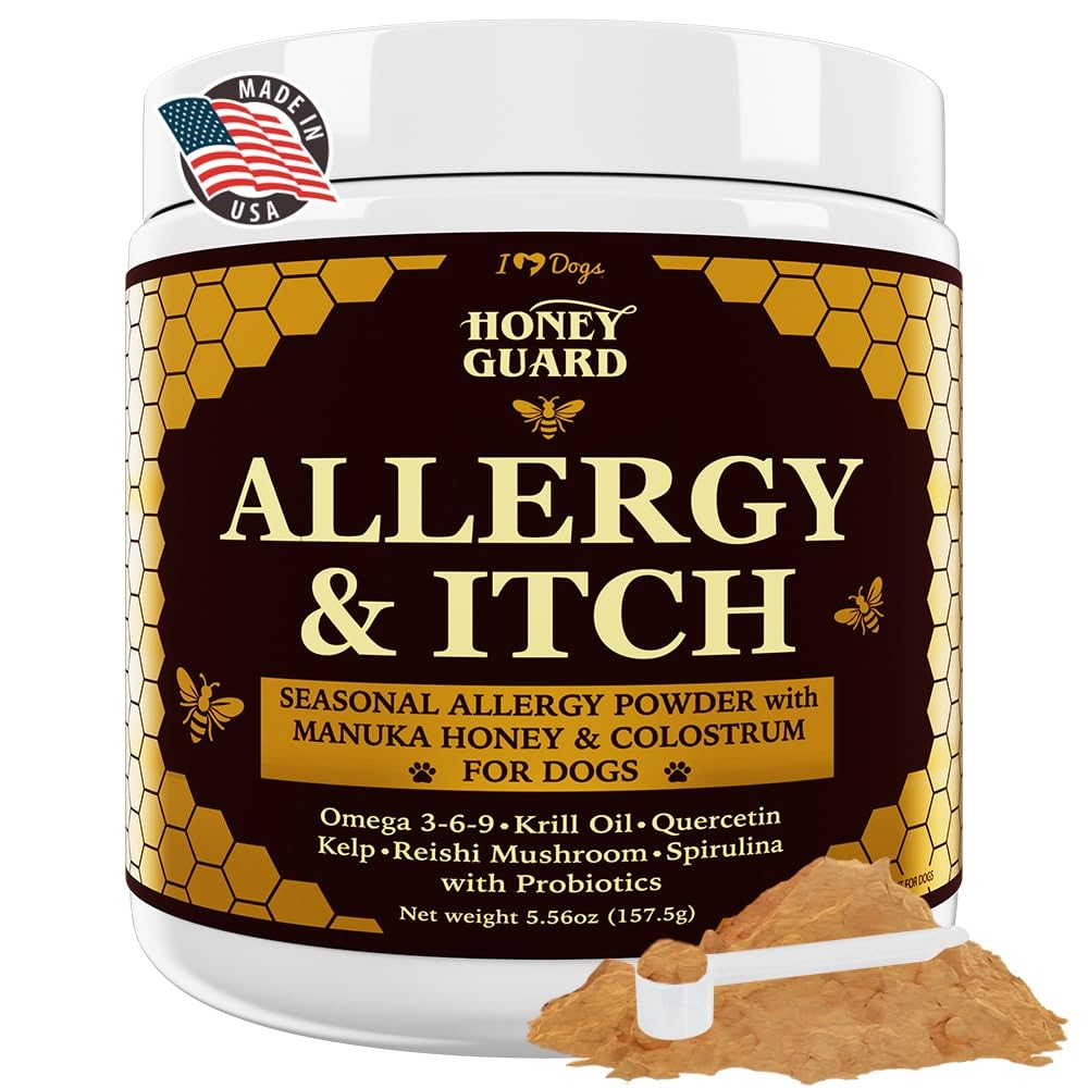 iHeartDogs Honey Guard bottle and scoop for dogs supporting skin health.