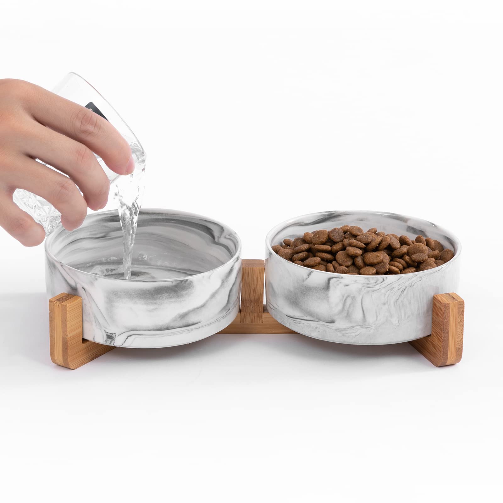 Ihoming marbling cat bowls with wood stand for stylish, easy-to-clean meals.