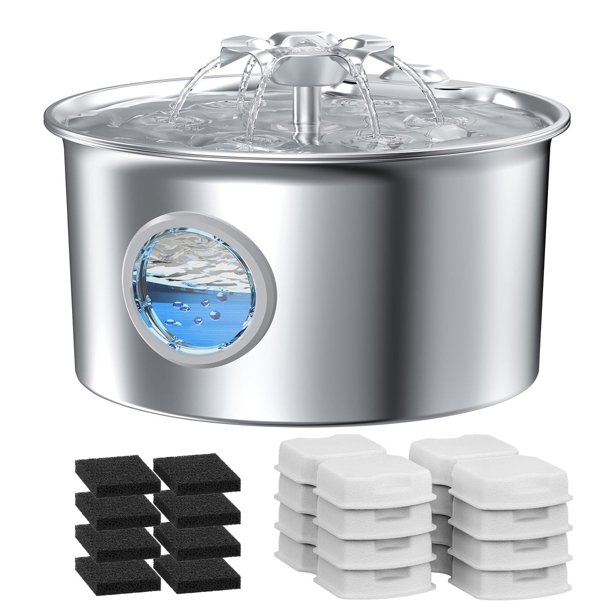 IHOUONE cat water fountain stainless steel shows 2.6L capacity for steady hydration.