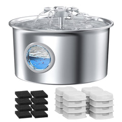 IHOUONE cat water fountain stainless steel shows 2.6L capacity for steady hydration.