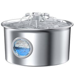 IHOUONE stainless-steel cat water fountain front view highlights durable rust-proof construction.