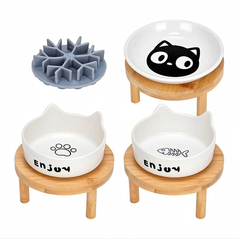 IKiKiCubee 3pcs elevated cat bowls with bamboo stand promote comfortable meals for cats.