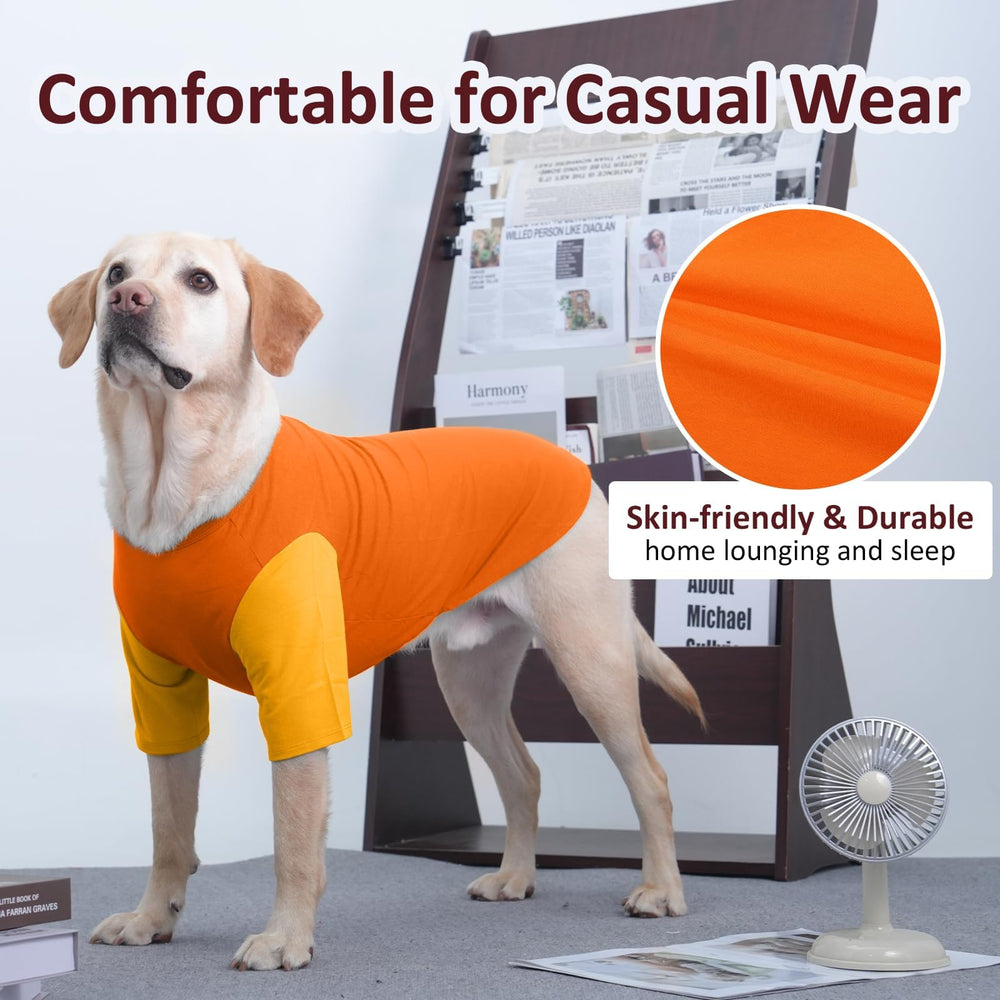 IKIPUKO dog shirt medium orange back view emphasizes snug fit for sensitive skin dogs.