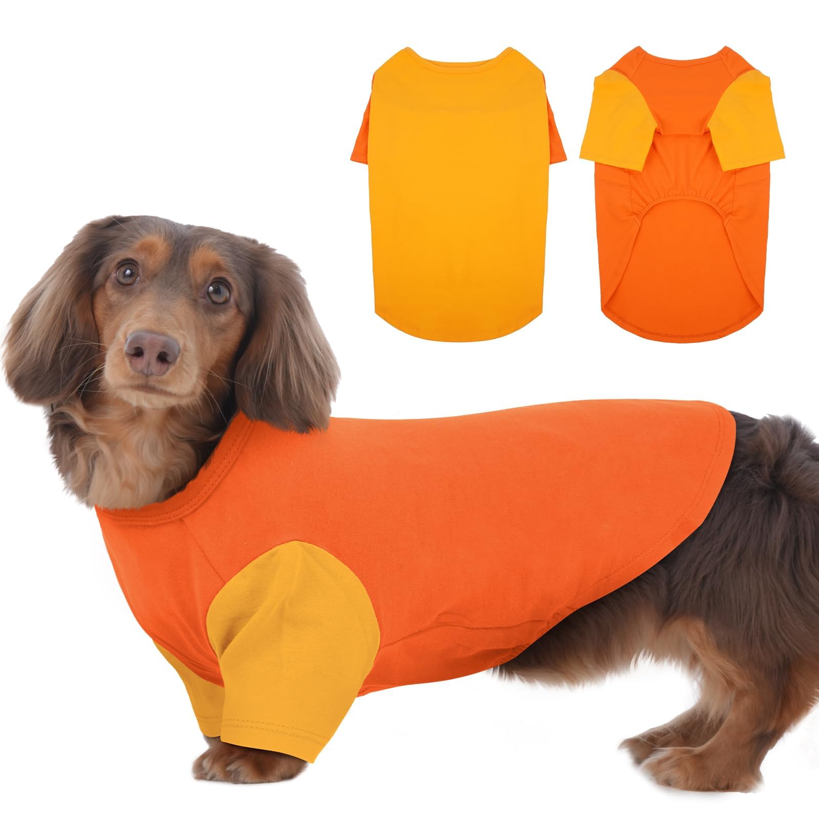 IKIPUKO dog shirt medium orange front view shows breathable fabric for comfortable outdoor wear.