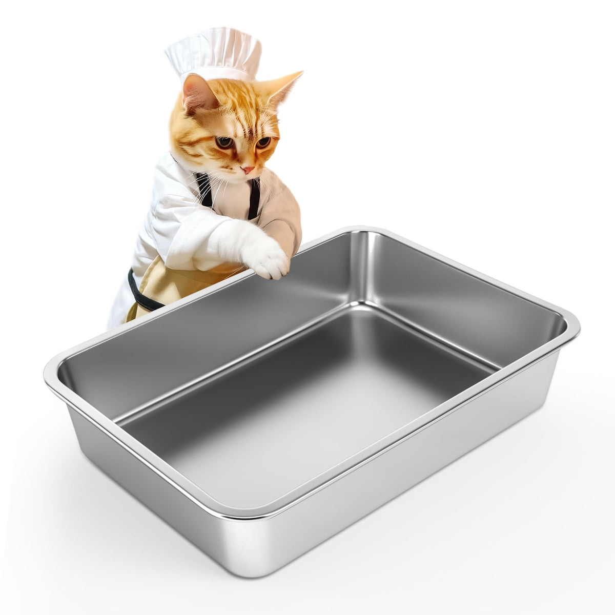 IKITCHEN stainless steel cat litter box front view with low-entry design for easy access.