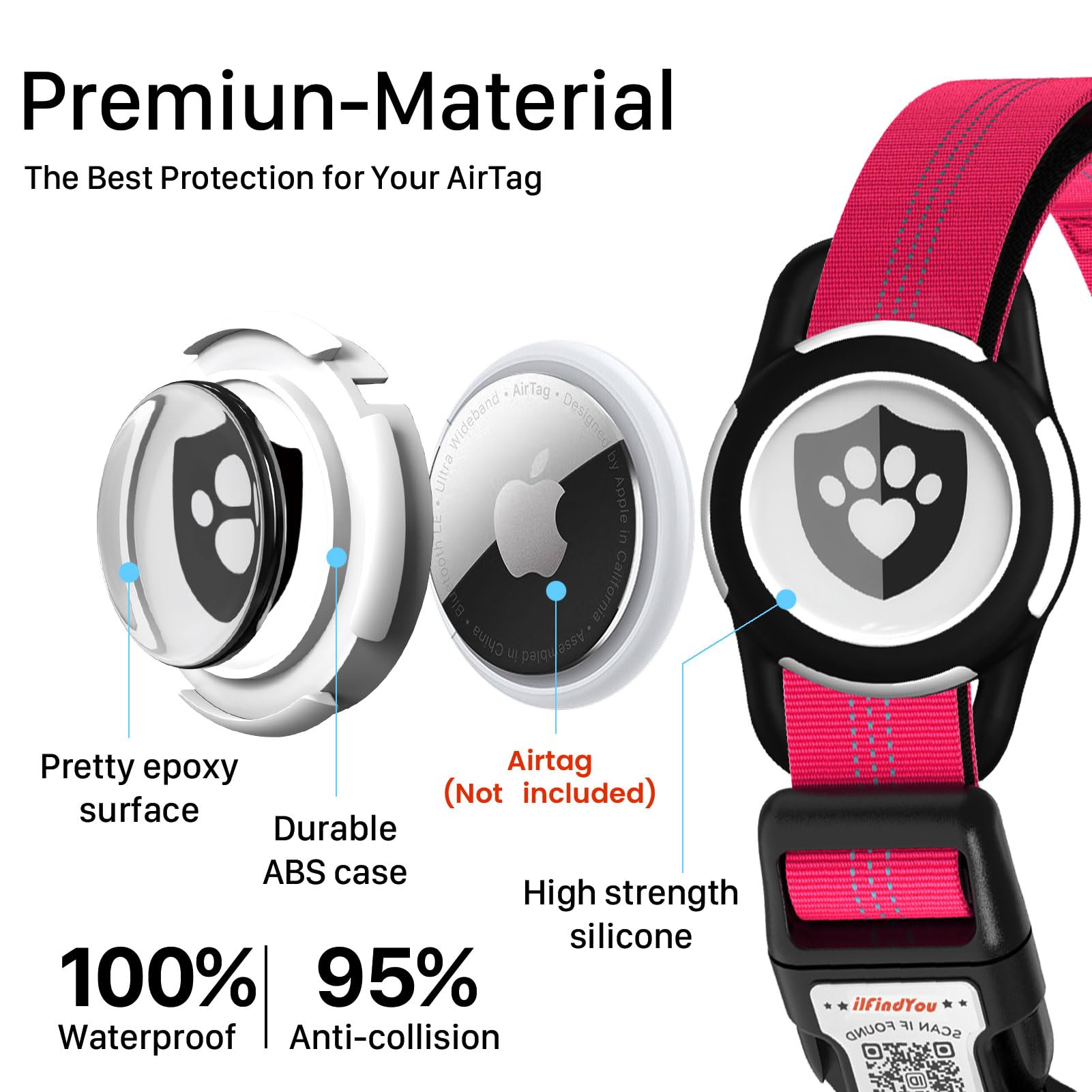 ILFINDYOU AirTag holder on collar for secure ID and quick lookup when needed