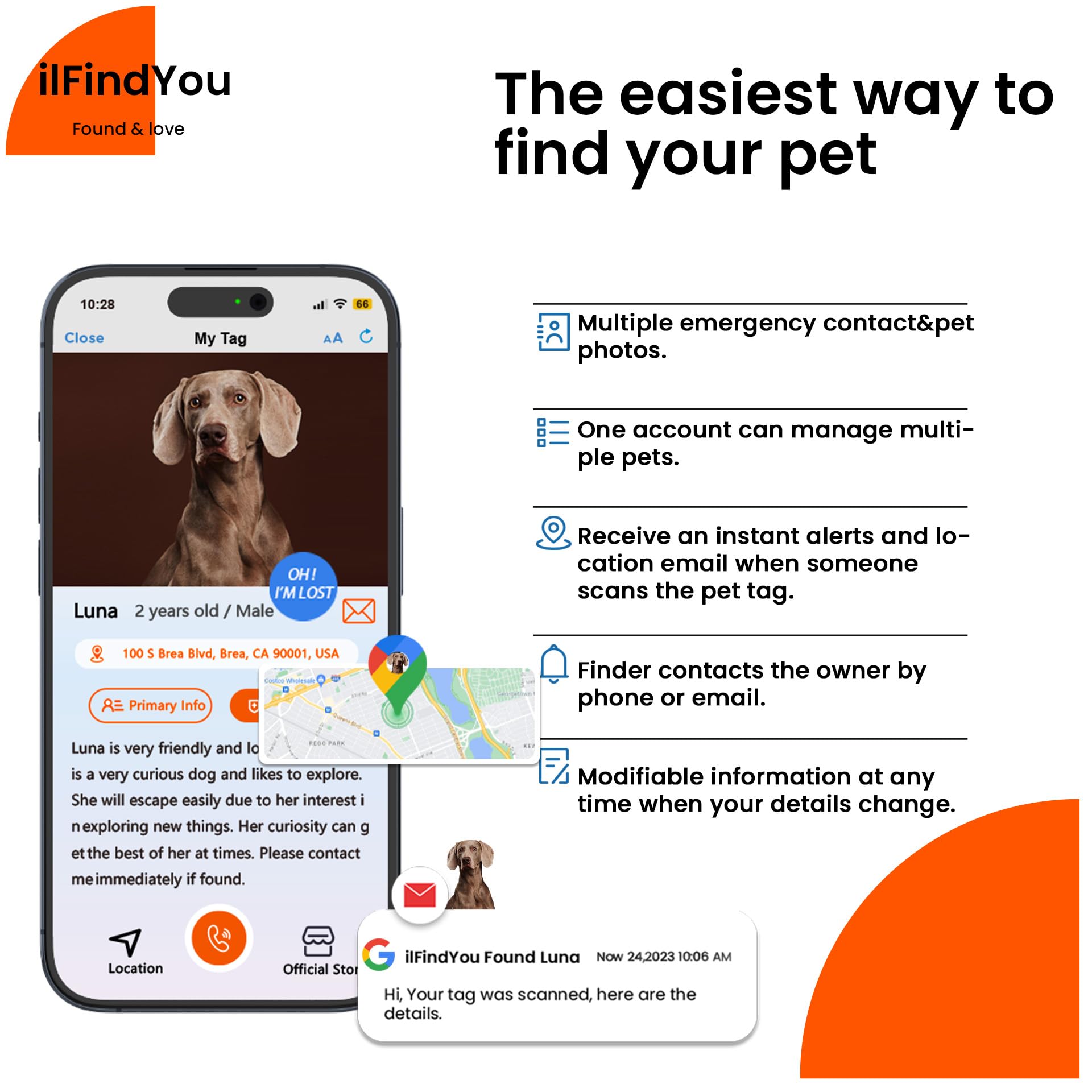 ilFindYou QR tag feature links to personalized pet profile for quick ID