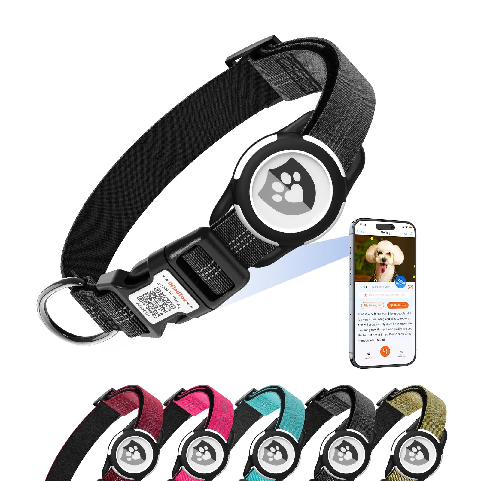 ilFindYou reflective collar with AirTag holder for XS size keeps pets visible during evening walks.