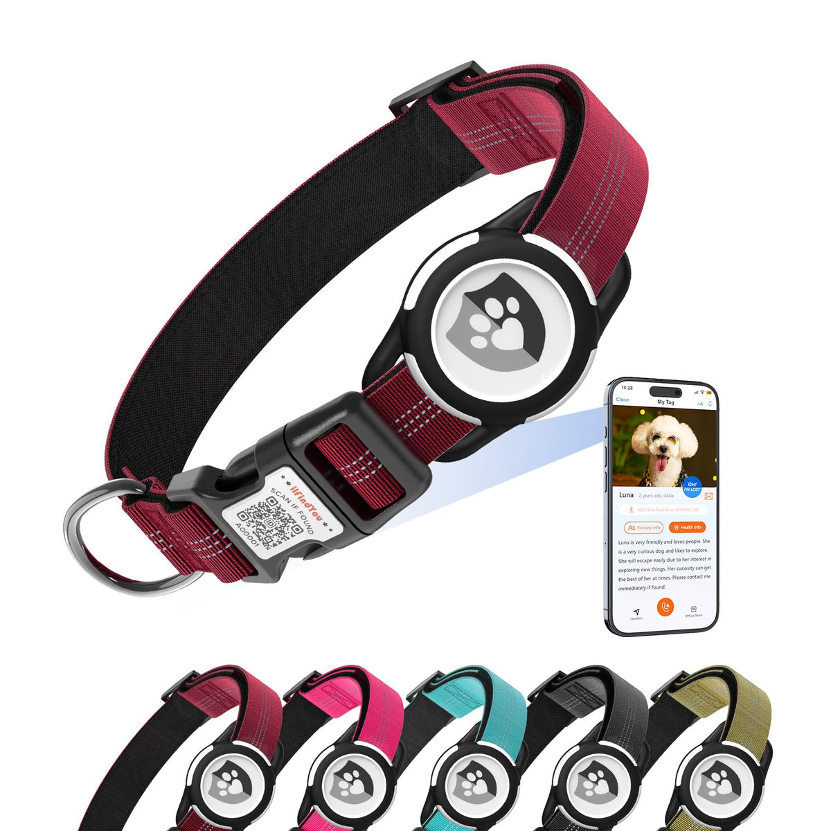 ILFINDYOU reflective dog collar with airtag holder improves nighttime visibility for pets