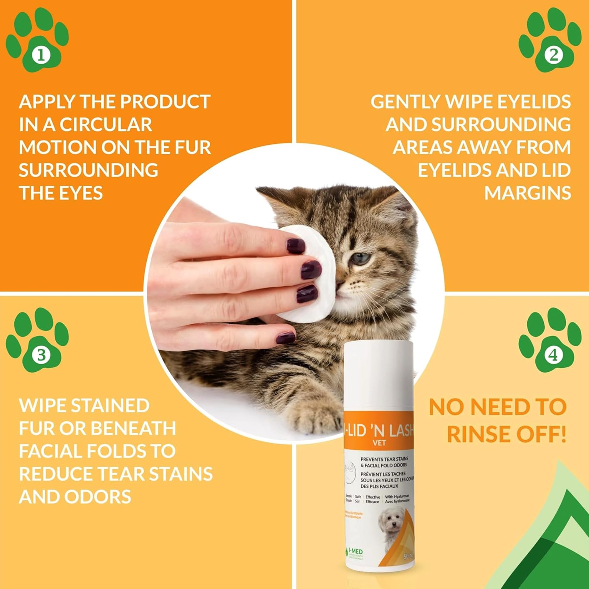I-LID ’N LASH no-rinse daily eye-cleanser for convenient pet hygiene.
