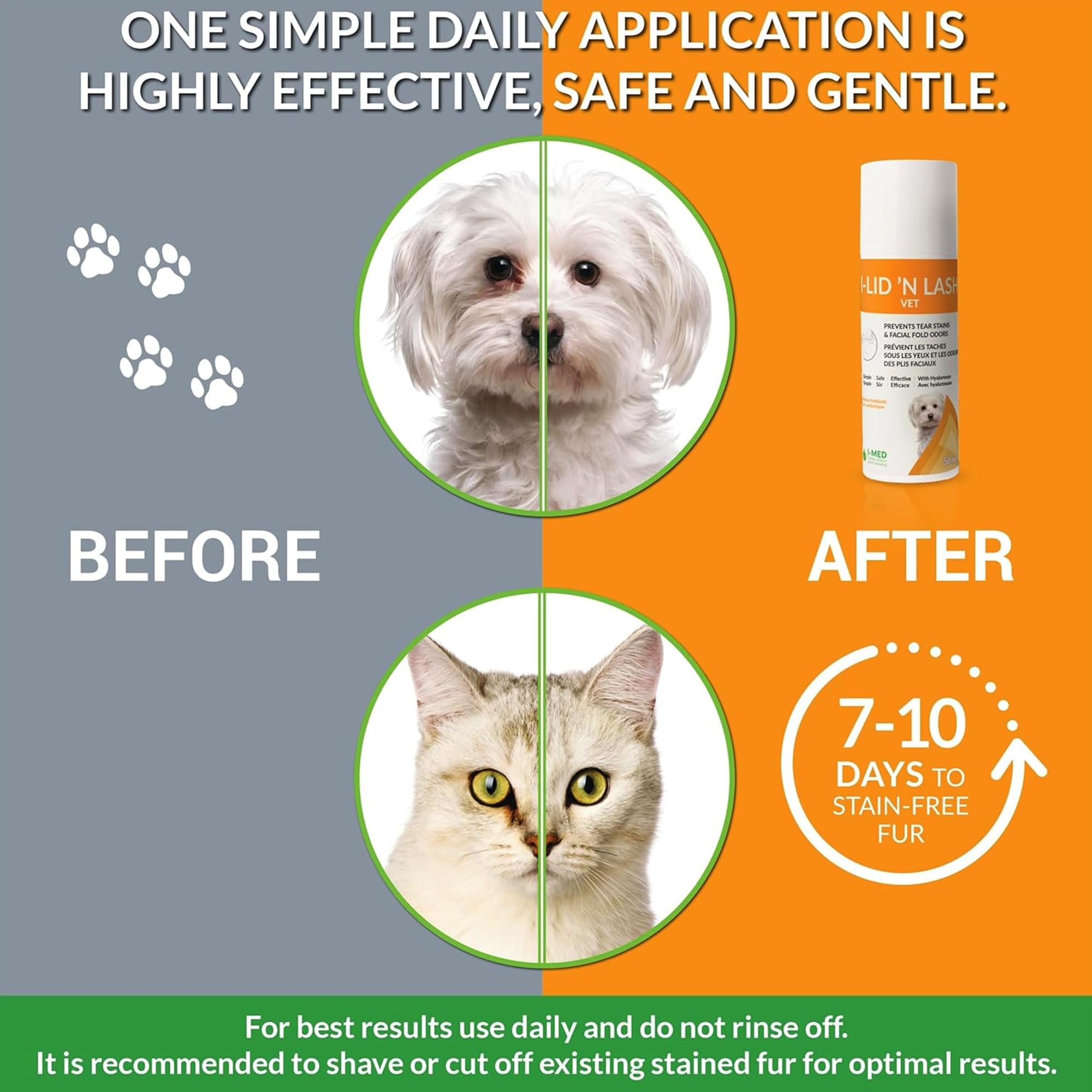 I-LID ’N LASH odor elimination cleaner for dogs reduces facial odors.