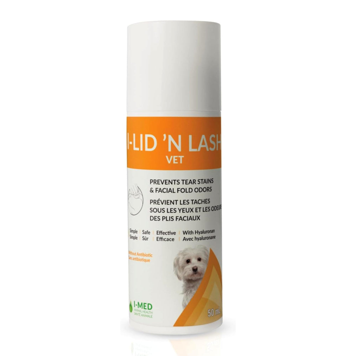 I-LID ’N LASH Vet Pump bottle shows daily tear stain care for dogs.