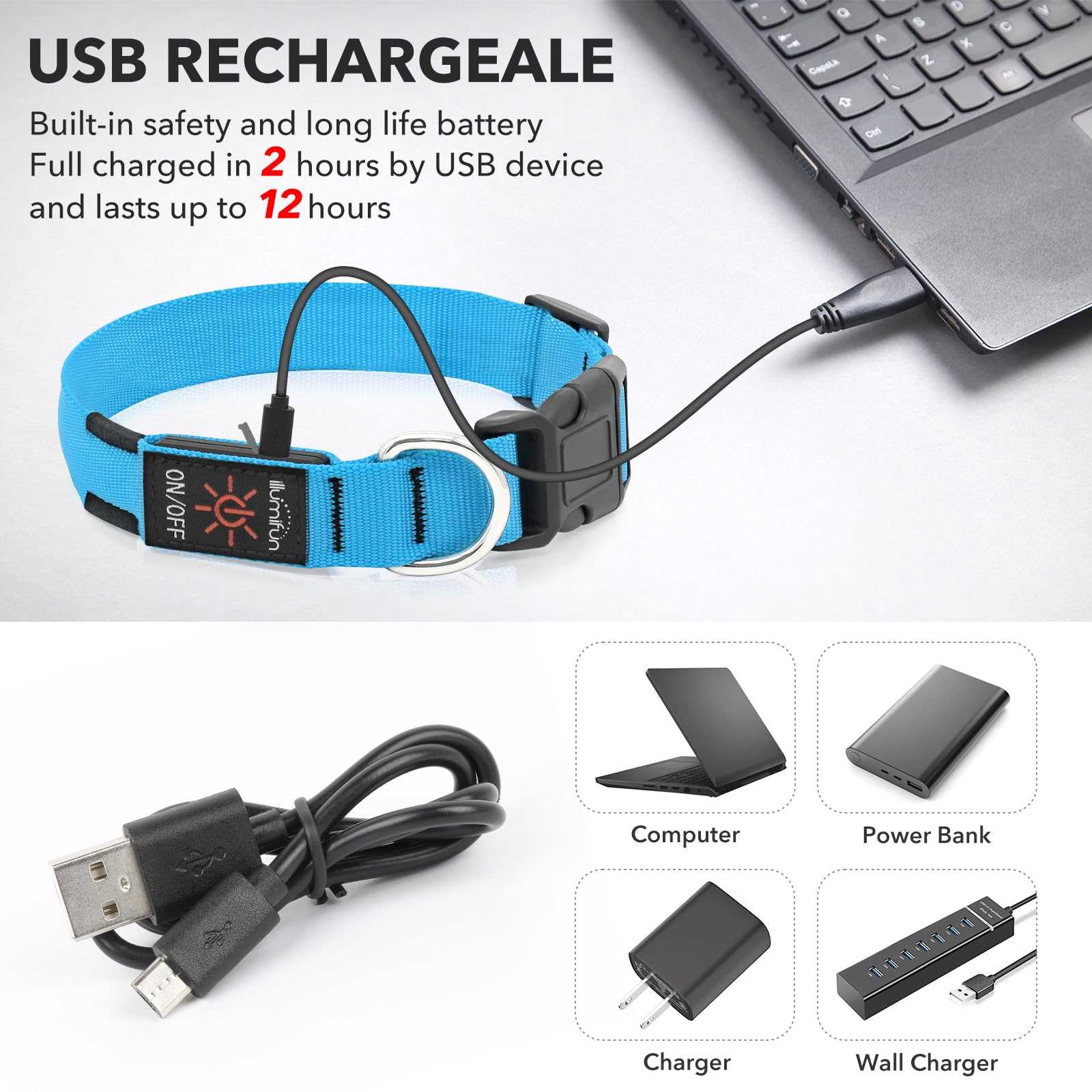 Illumifun LED dog collar blue small charging shows USB recharge ease for long outings