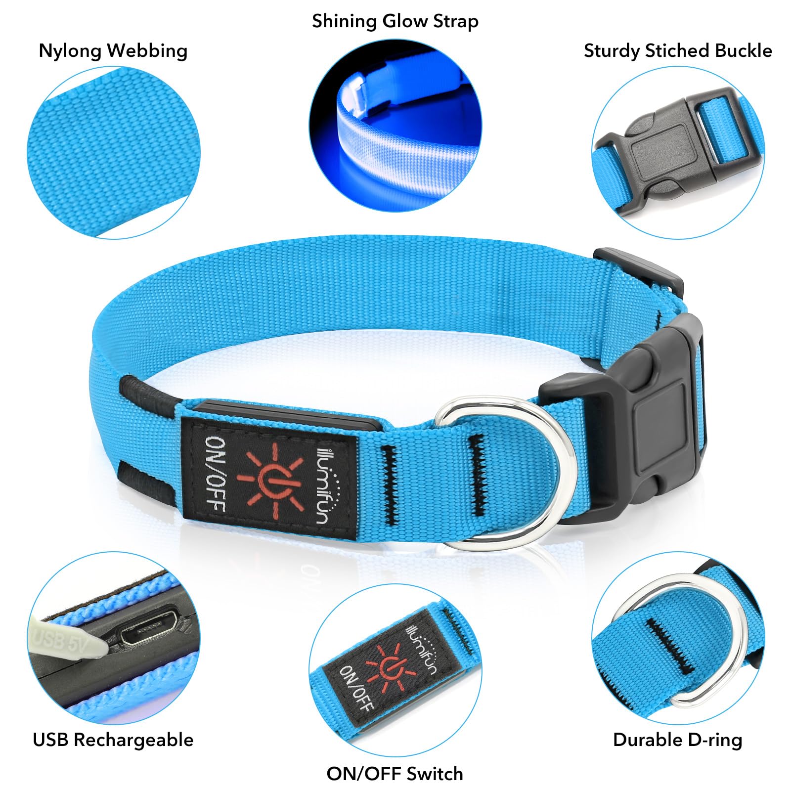 Illumifun LED dog collar blue small modes closeup displays quick, slow, and steady lighting