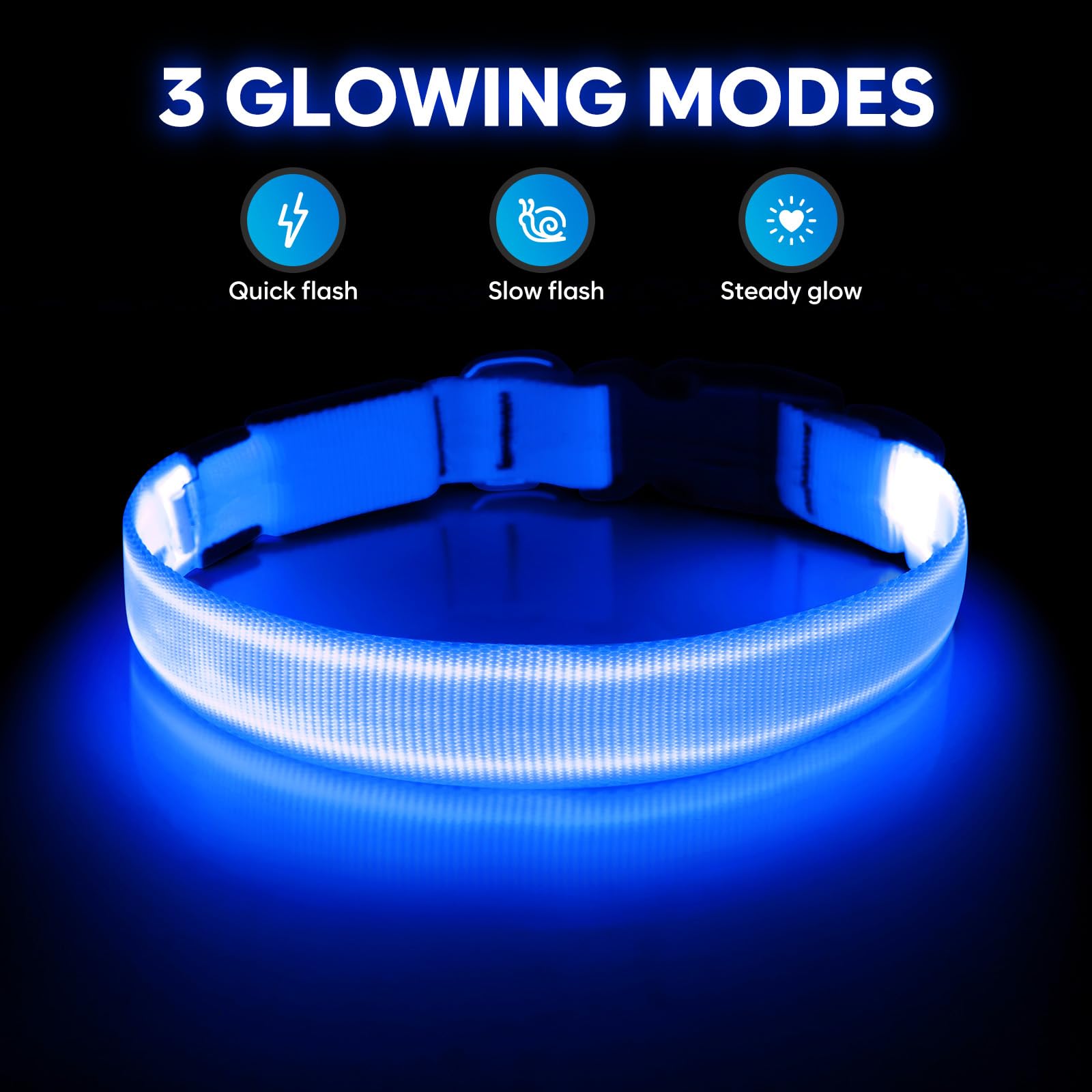 Illumifun LED dog collar blue small side view shows adjustable fit in low light
