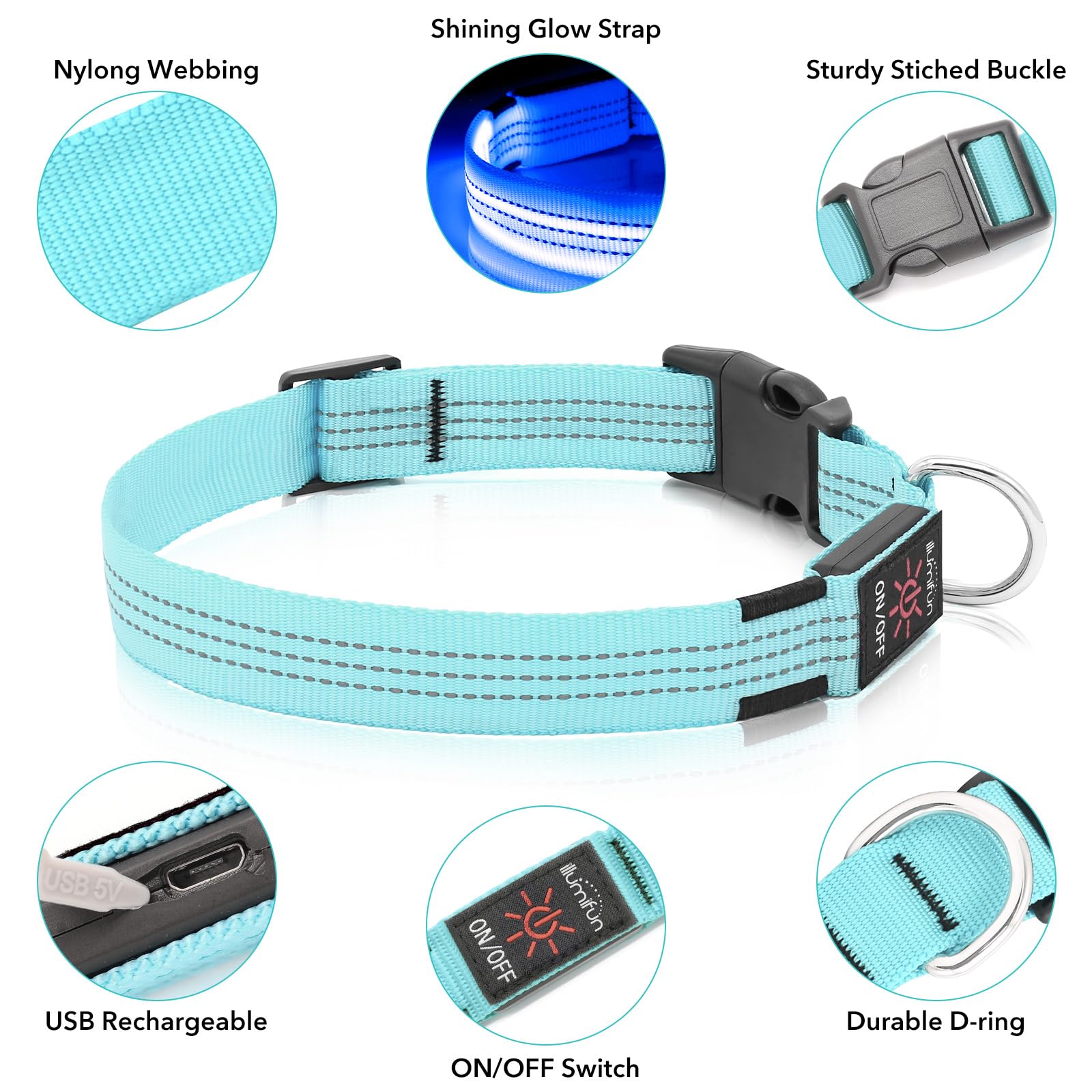 Illumifun LED dog collar with USB recharge cable included for uninterrupted outdoor time