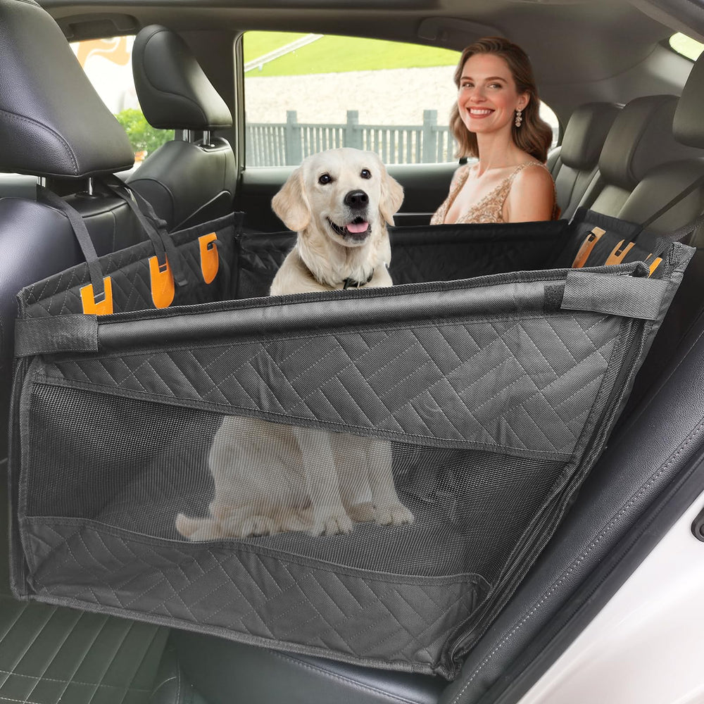 Imaboie dog car seat backseat setup demonstrates a secure fit for large dogs on road trips.