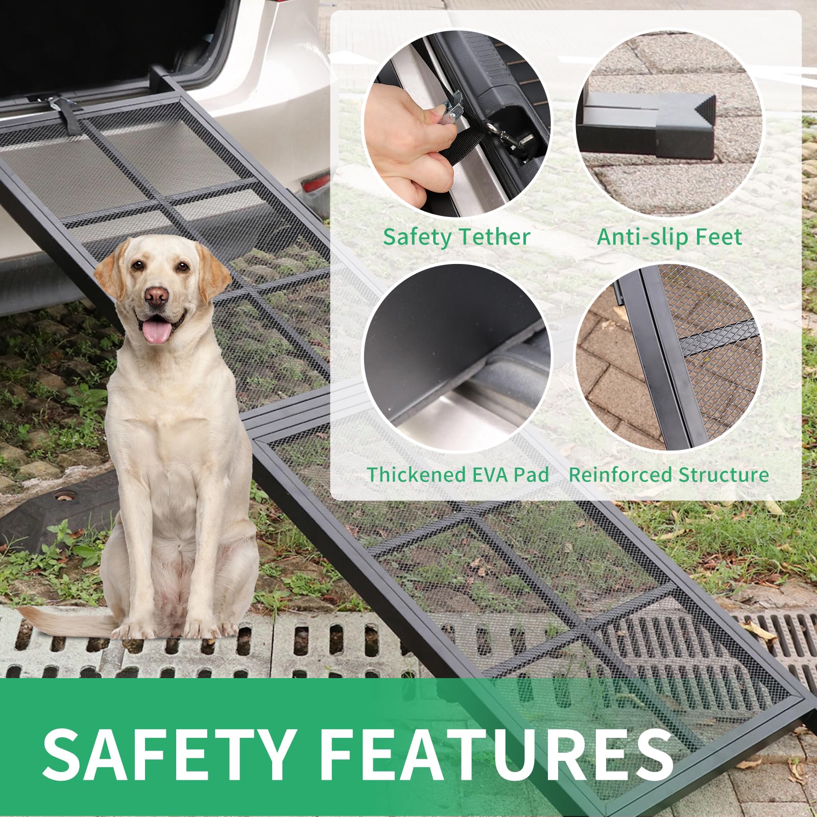 Imaboie dog ramp non-slip mesh shows secure paw grip in rain or snow.