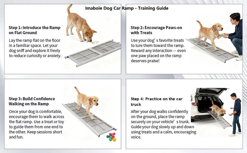 Imaboie dog ramp works with SUV and truck shows broad vehicle compatibility.