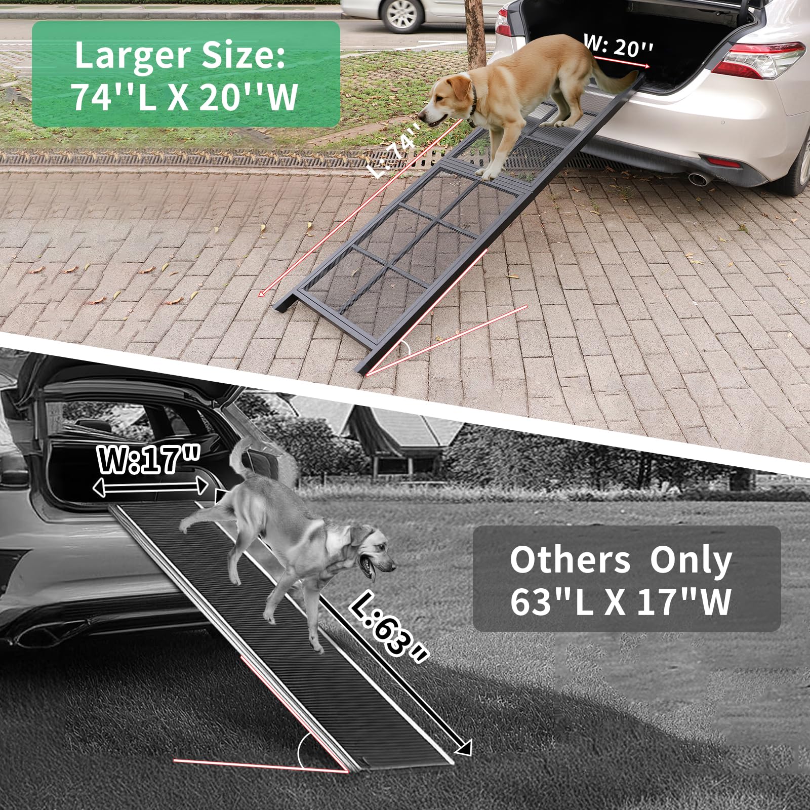 Imaboie dog ramp wide-surface 20in demonstrates secure footing and comfortable in-out for dogs.