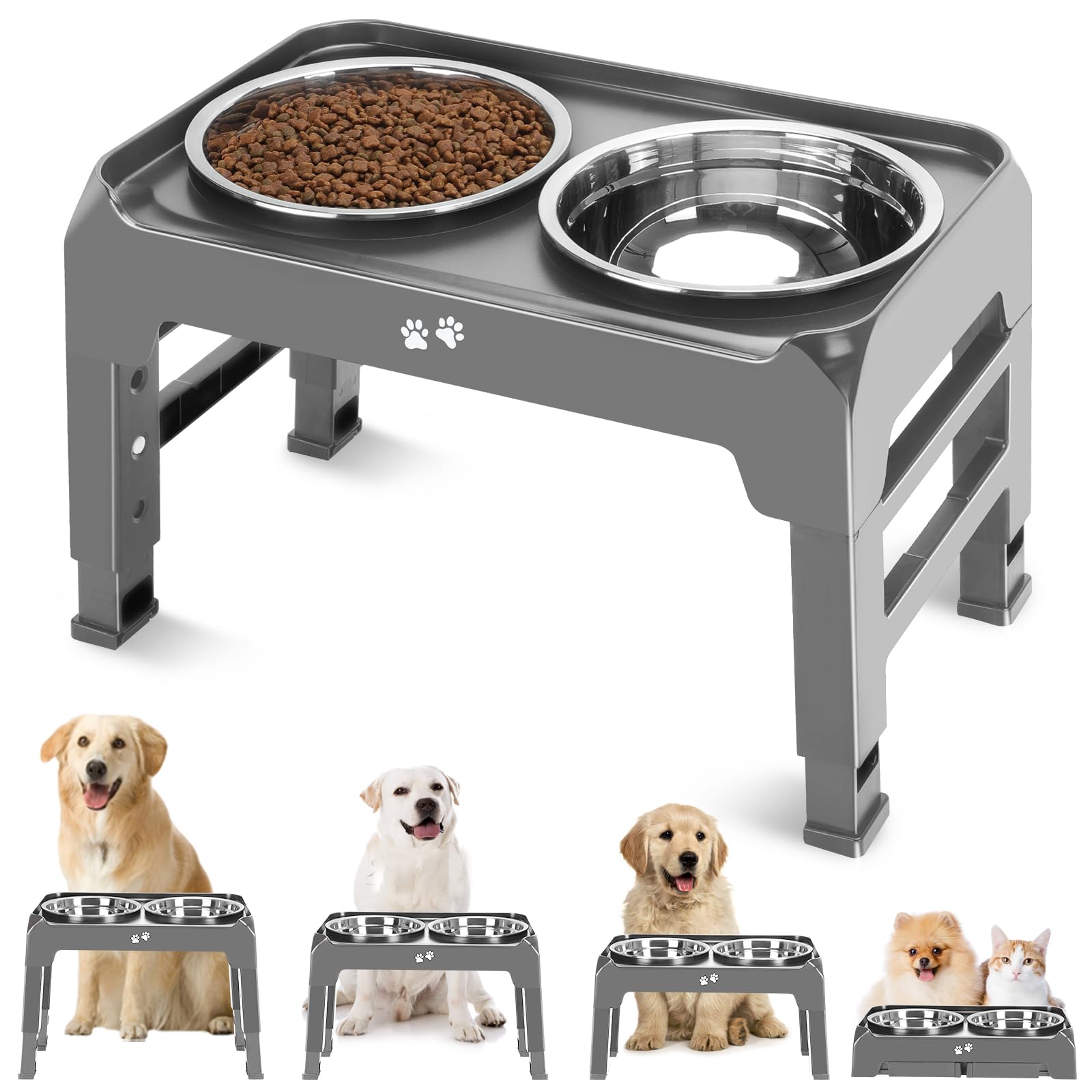 Elevated Bowls, 4 Height Adjustable Raised Stand With 2 Thick 50oz Stainless Steel Food Bowls, Non-Slip Feeder for Large Medium Dogs, Adjusts to 3.7", 9.2", 10.75", 12.36" Grey