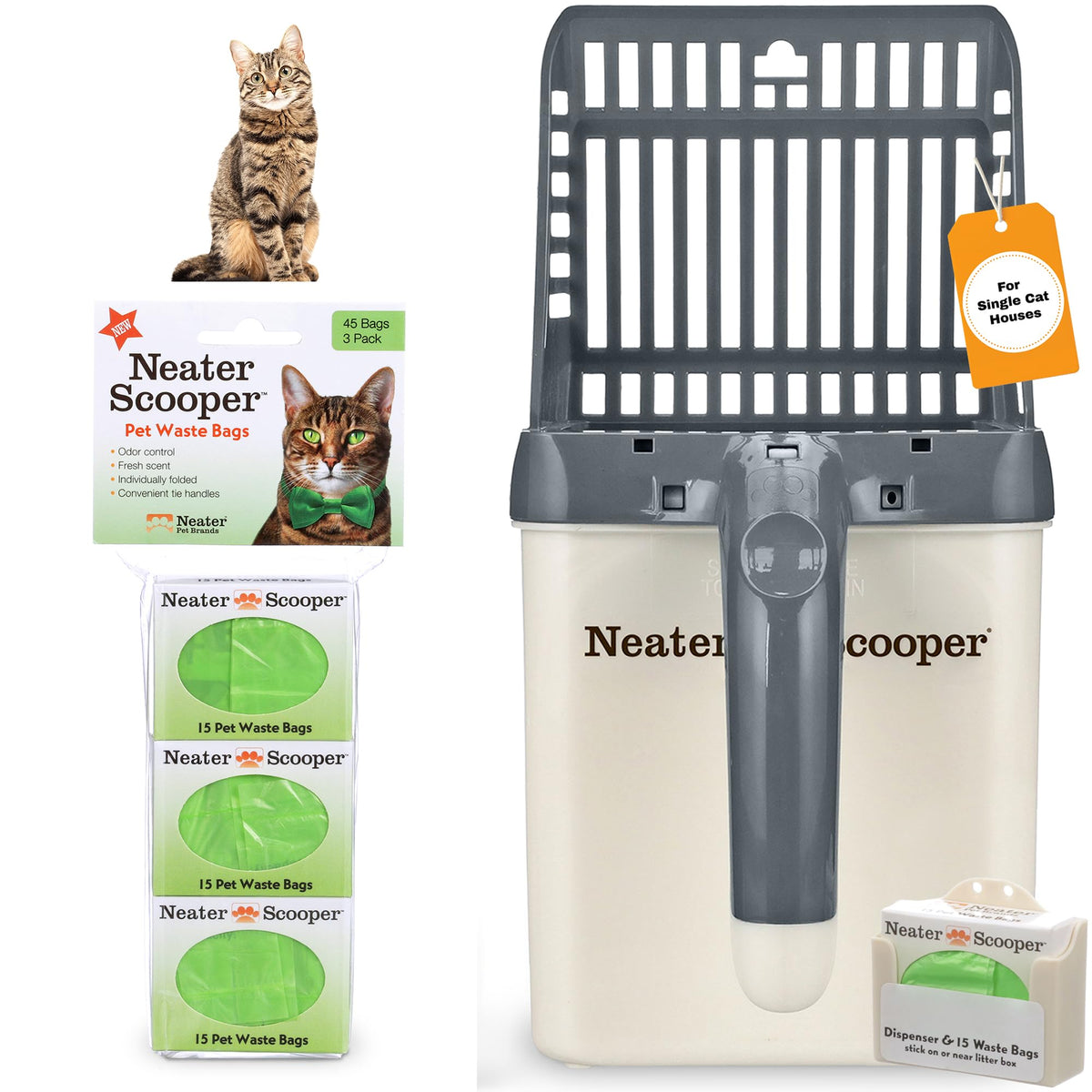 Neater Pet Brands Neater Scooper Standard Cat Litter Scoop, 60 Refill Bags – Mess-Free Cat Litter Scooper with Bag, Spill-Proof Kitty Box Sifter, Bin Doubles as Scoop Holder, For Single-Cat Households
