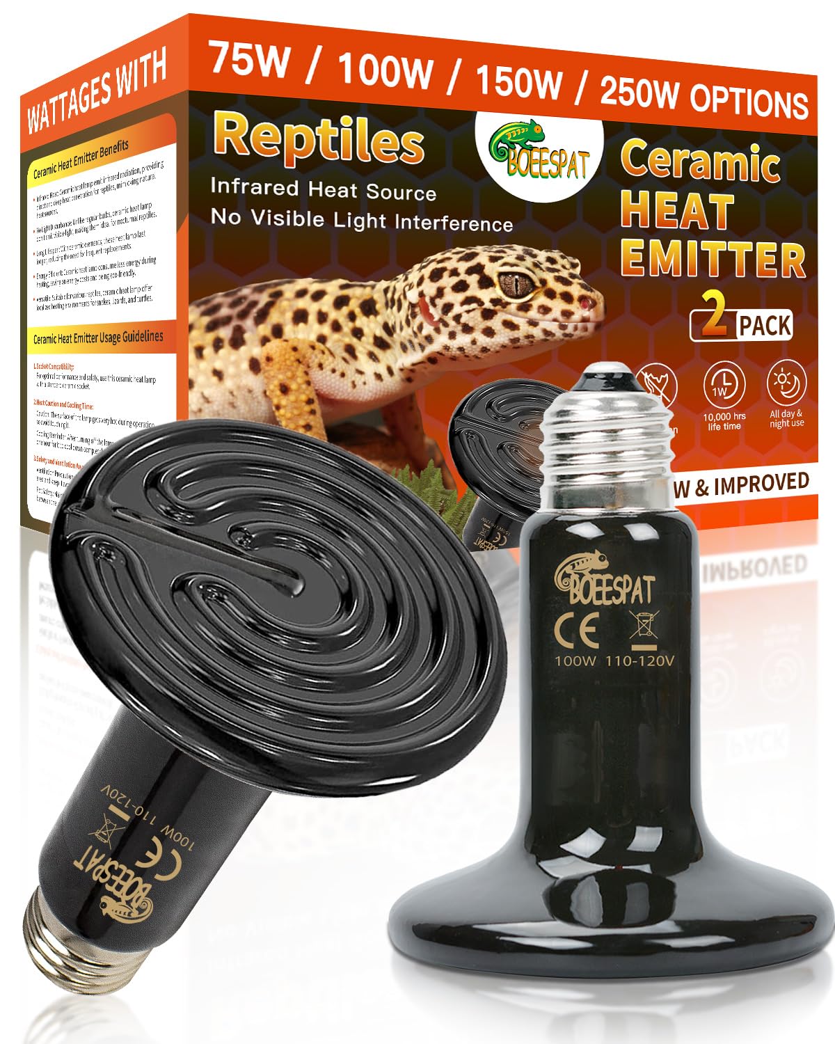 BOEESPAT 100W Ceramic Heat Emitter for Day and Night Use, Pack of 2 Reptile Basking Heat Lamp for Bearded Dragon, Lizard, Iguana & Amphibians (Black, 100 Watts)