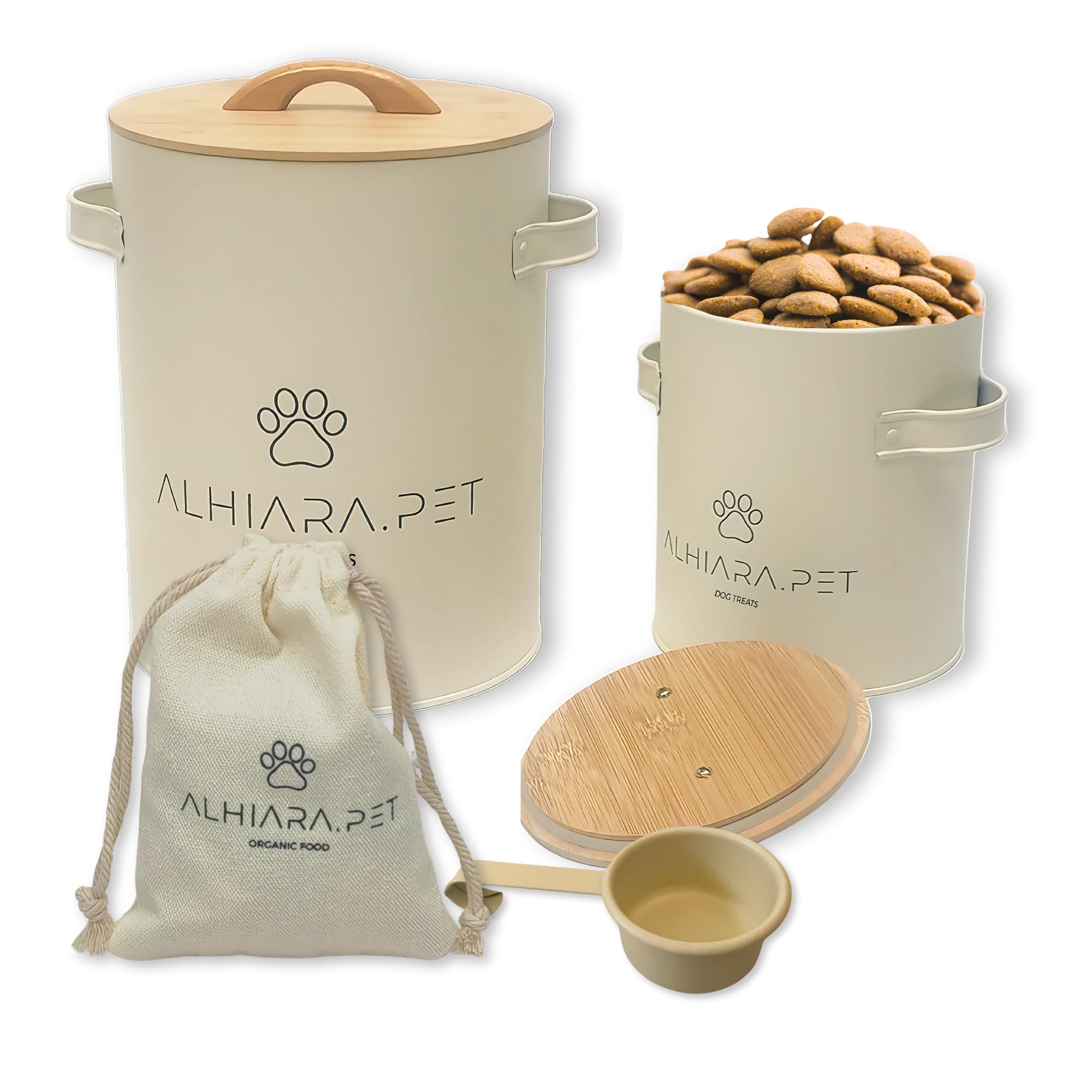 ALHIARA Dog Treat Container Airtight with Scoop – Large 5–7 lbs (24 Cups) Capacity for Biscuits, Snacks & Kibble – 2-Piece Storage Set with Small Bonus Canister – Decorative Countertop Jar