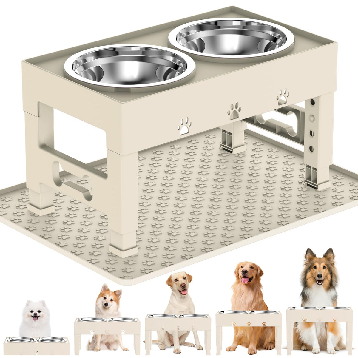 LAKIPETN Elevated Dog Bowls with Mat, Raised Dog Food Bowl Stand with 2 Stainless Steel Bowls, 5 Height Adjustable (3.1", 9", 10", 11", 12") Non-Slip Feeder Set for Medium and Large Dogs – Apricot