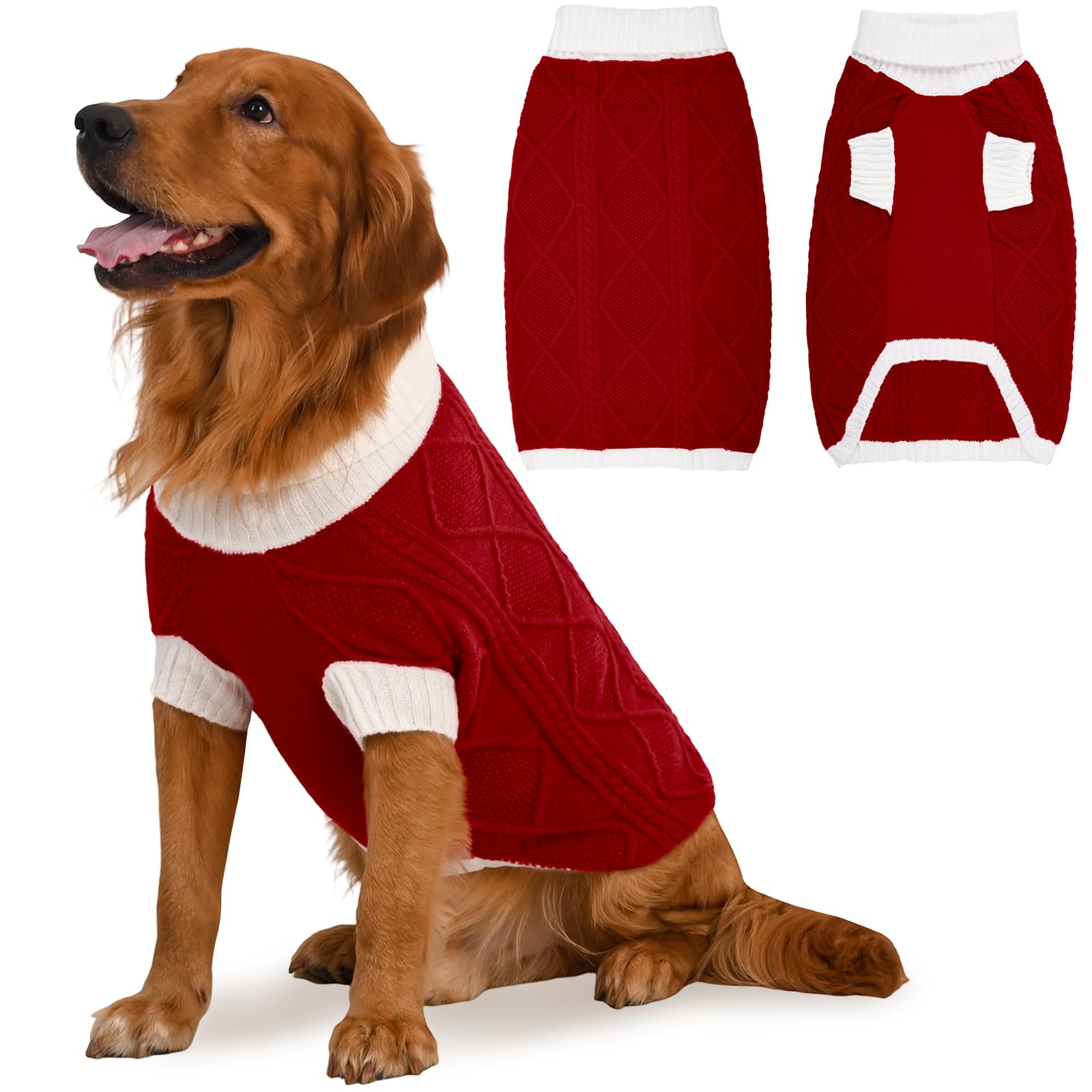 Lorehelina Dog Sweater for Large Dogs Argyle Cable Knit Turtleneck Pullover Winter Clothes for Boys Girls Stretch Golden Retriever Bulldog Pitbull Labrador Doberman Christmas Pet (XXL, Red)