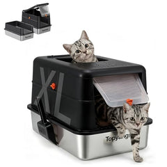 ‌Topyangs Stainless Steel Litter Box with Lid, 135° Flip-Top Enclosed Cat Litter Box, Odor-Control Metal Breeze System, Covered High Sides Anti-Spill, Cat Lover Gift, Black