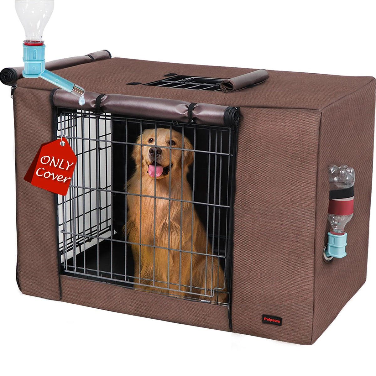 Peipaws Dog Crate Cover 48 Inch- Three Doors Waterproof Dog Kennel Cover, 600D Oxford Fabric Cage Covers with a Water Bottle Nozzle, Allowing Dogs to Drink Water at Any Time. Brown (Cover Only)