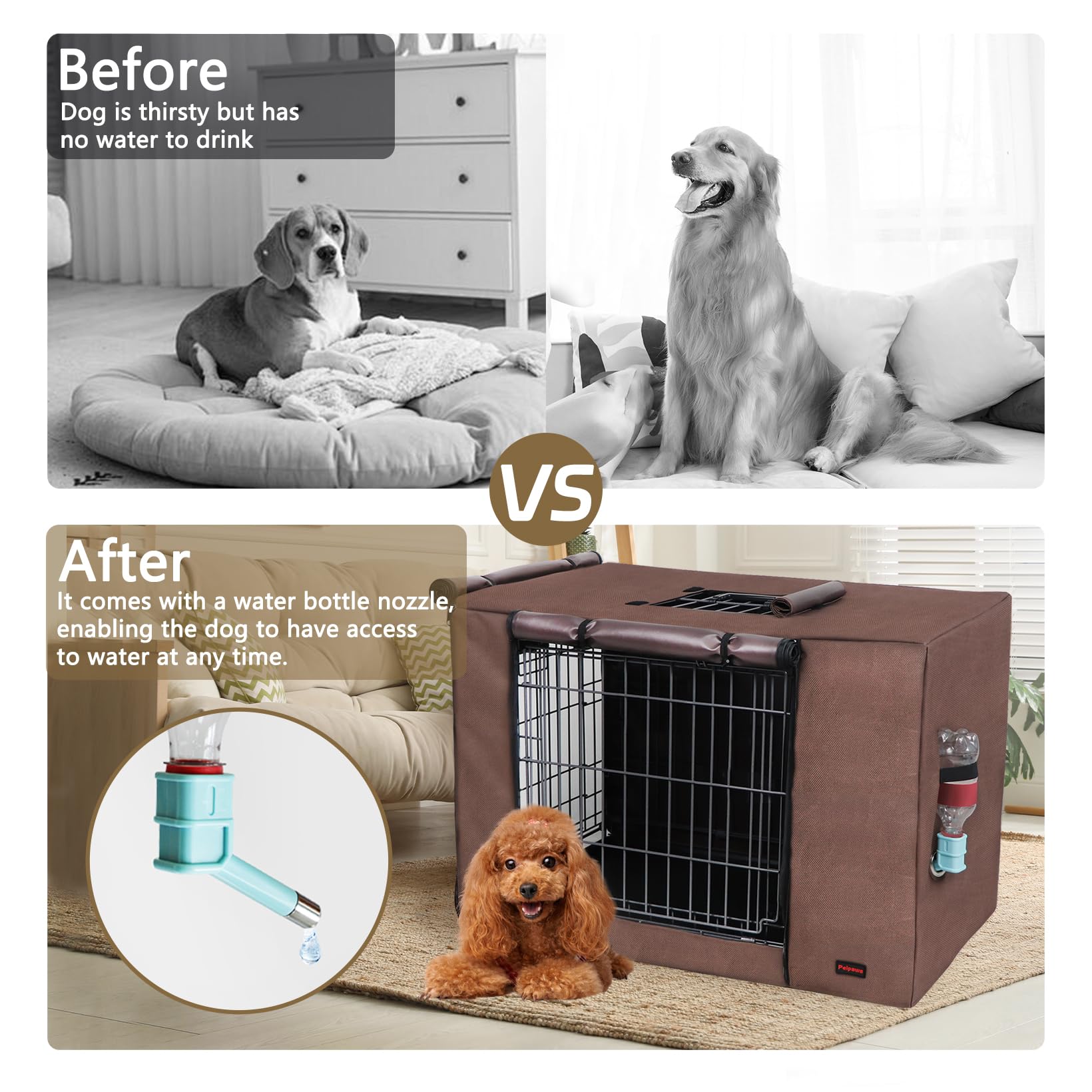 Peipaws Dog Crate Cover 48 Inch- Three Doors Waterproof Dog Kennel Cover, 600D Oxford Fabric Cage Covers with a Water Bottle Nozzle, Allowing Dogs to Drink Water at Any Time. Brown (Cover Only)