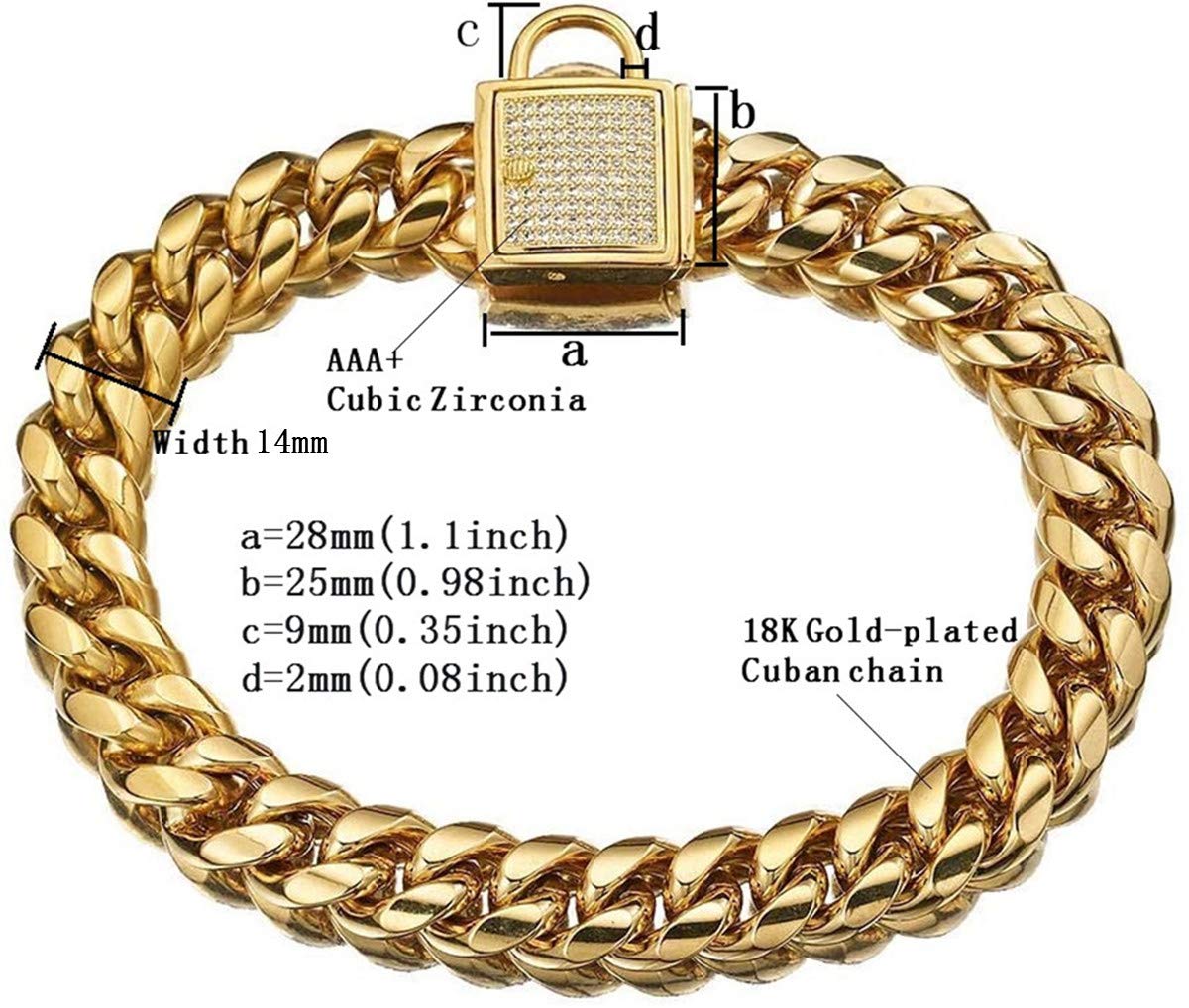 AIYIDI Gold Dog Collar – 14mm Stainless Steel Cuban Chain with Zirconia Lock, 24-inch