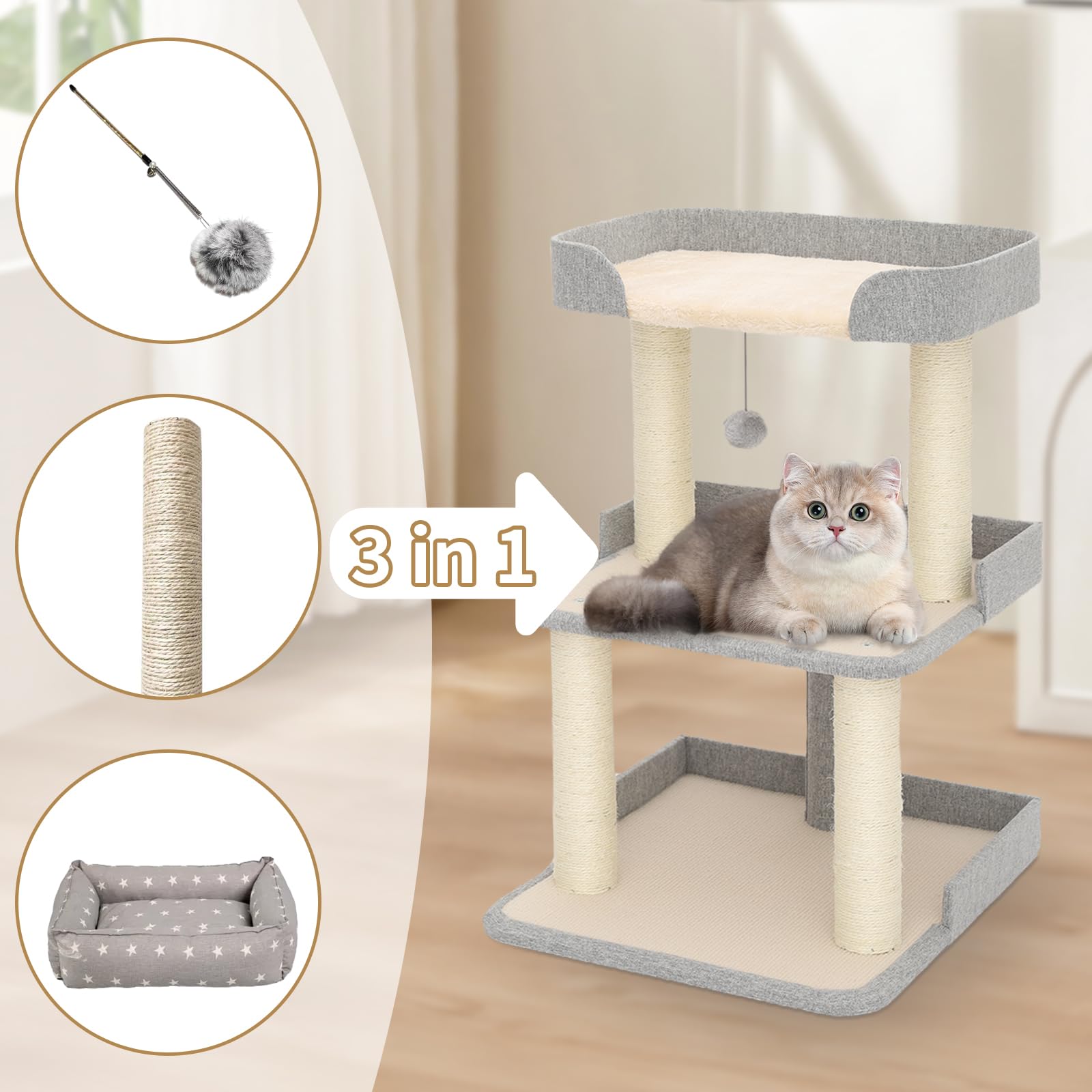 Jgchonwen Durable Cat Tree with Bed – 27.56in Multi-Level Sisal Cat Scratching Posts (Grey)