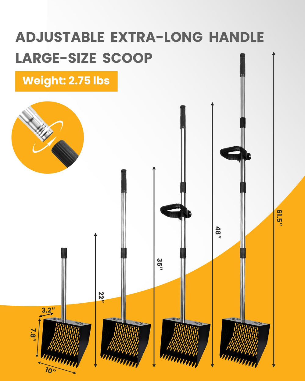 QULUXAO 10-inch metal shovel head with fine mesh sifts waste efficiently.