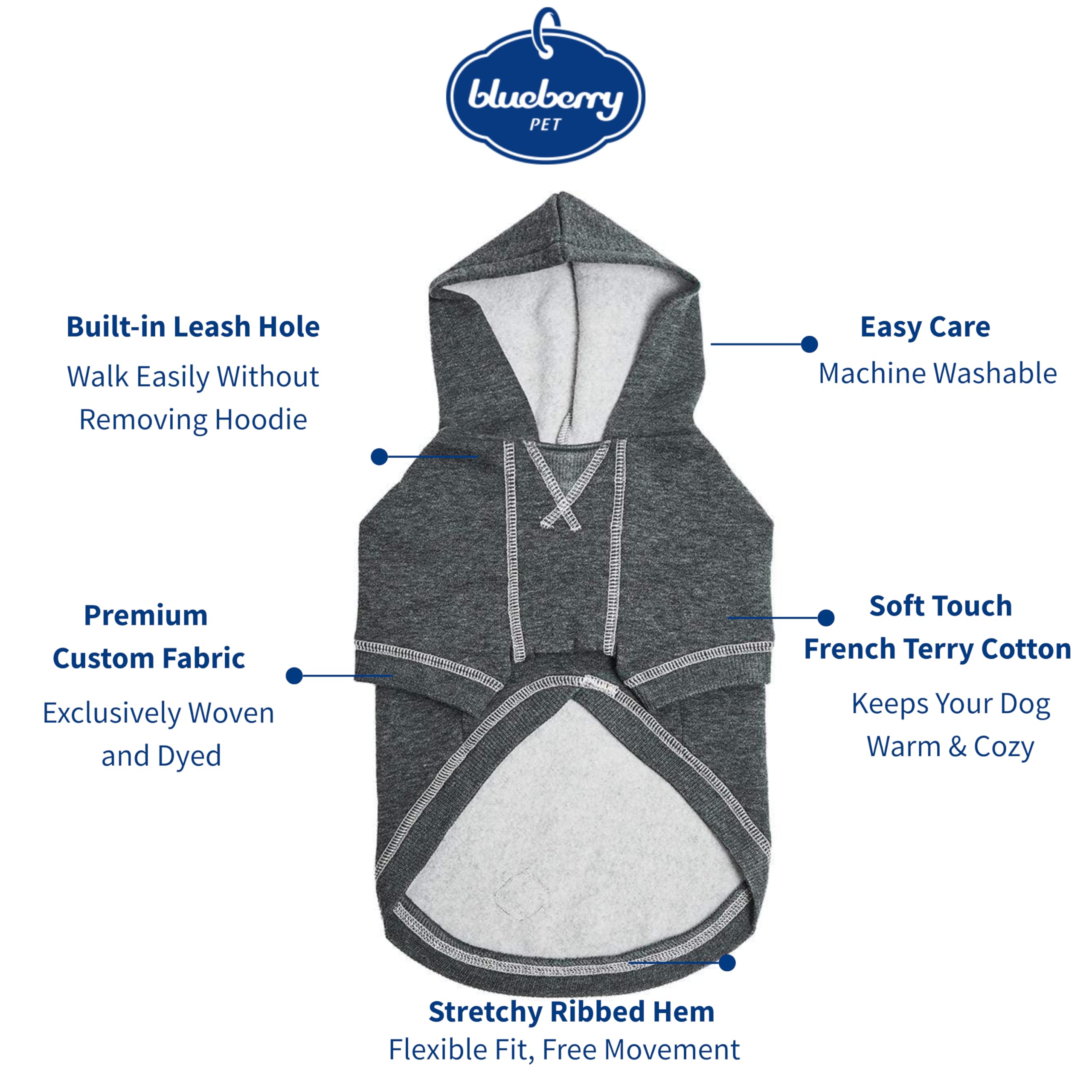 Blueberry Pet Essentials Dog Hoodie – 10 inch, Cotton‑Blend Sweatshirt with Hood, Charcoal Grey, Machine‑Washable Small‑Dog Jersey
