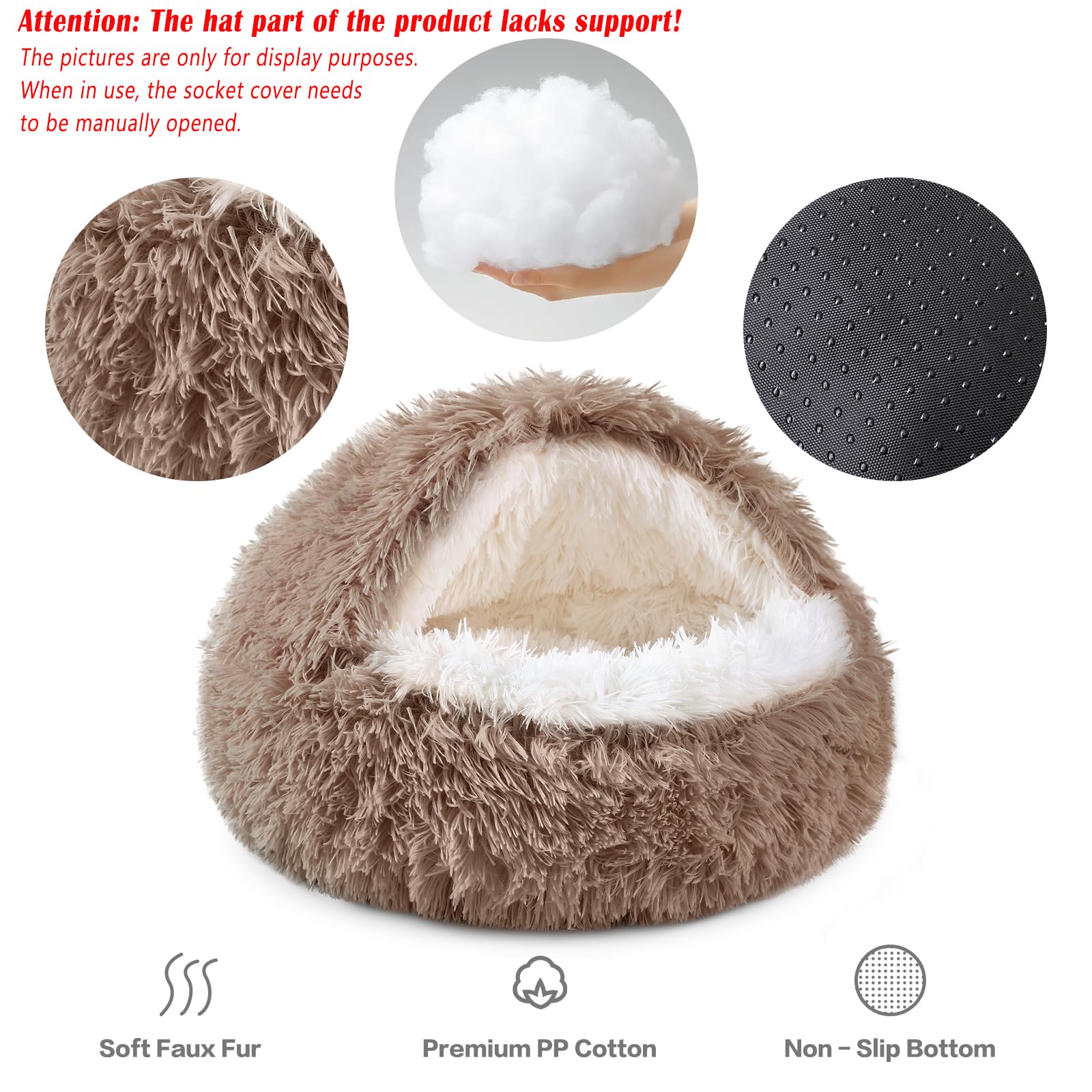 NOYAL Round Hooded Donut Dog Bed for Small & Medium Pets - Plush Fluffy Anti-Anxiety Cat Cave Bed with Cover